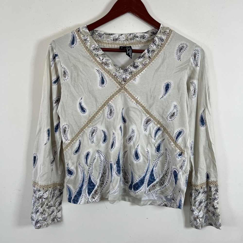 Y2K Lynn Ritchie Long Sleeve Top Paisley  Cotton Silk Exposed Stitching Sm Boho - Picture 2 of 8